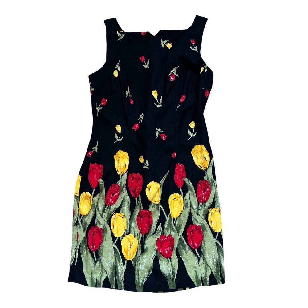 Vtg Floral‎ Tulip Mini Dress Black Red Yellow Rayon 4 90s USA artsy dopamine fun